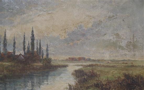 A* Phillips (c 1900). River landscape, oil on canvas, 40 x 60cm, (some craquelure)